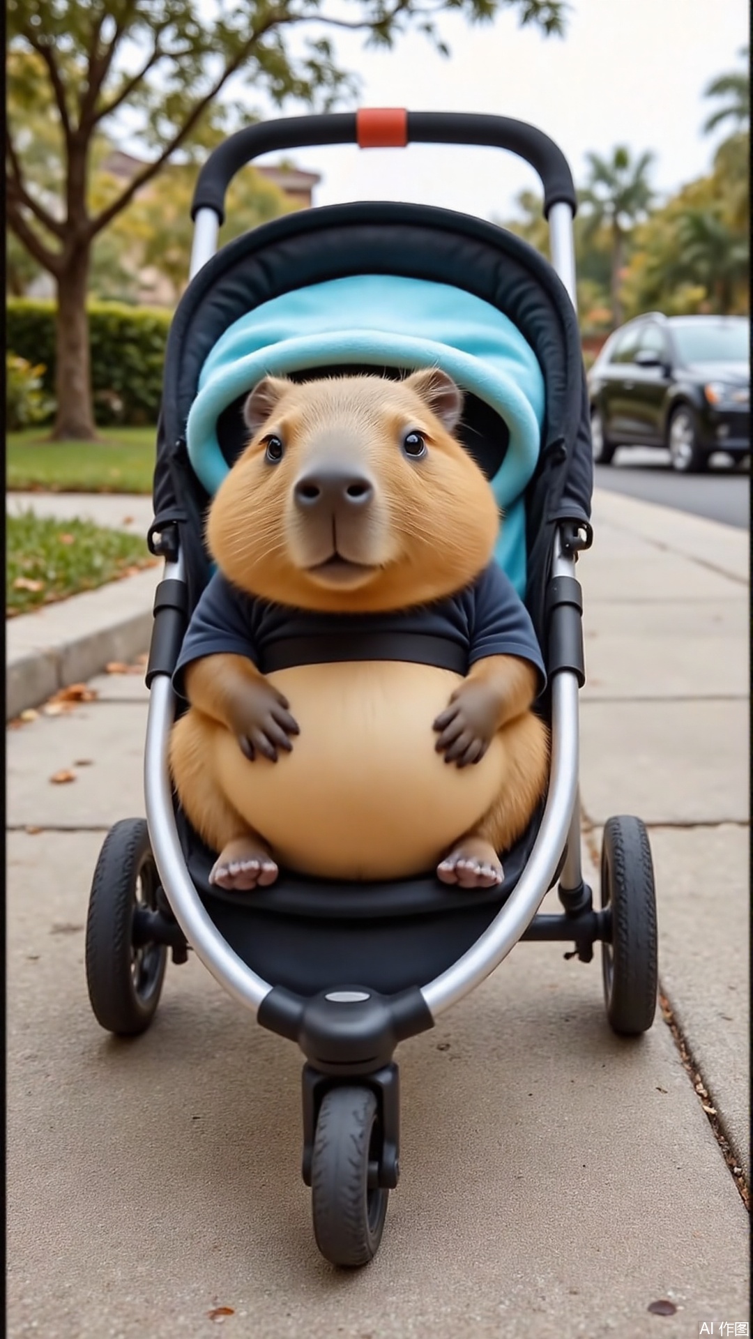 cute pet,A Capibala sits in a stroller and is pushed along the sidewalk.