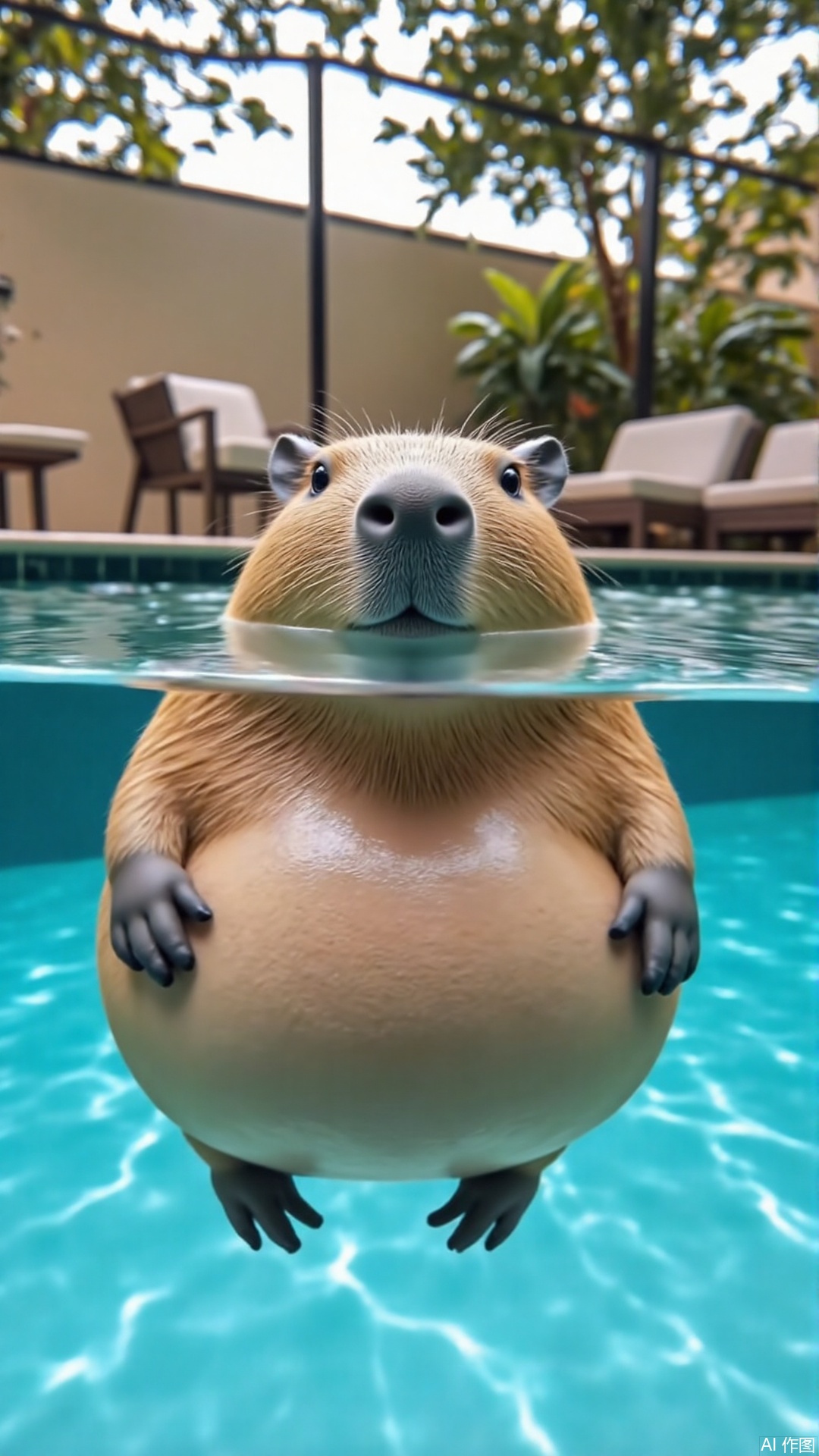 village,cute pet,A Capibala is in the pool, only showing its head on the water.