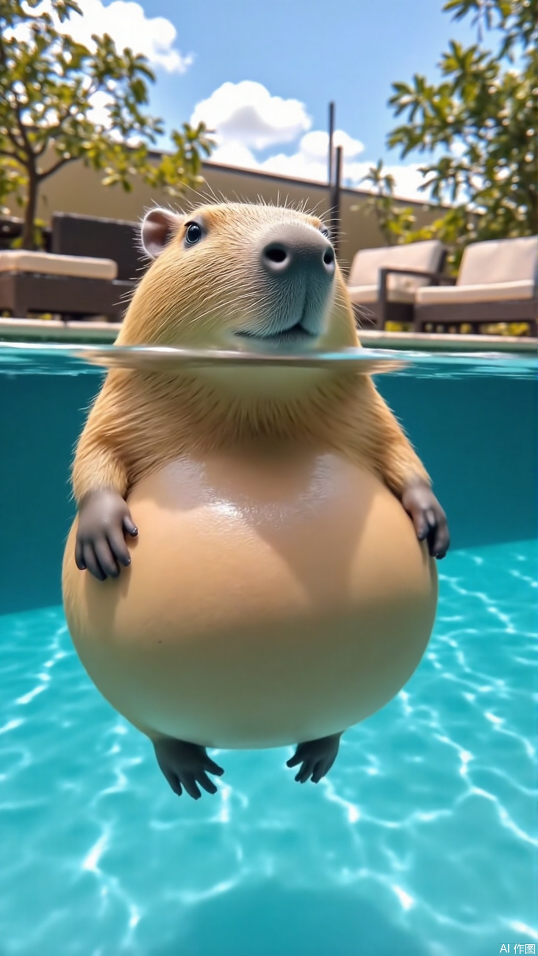 village,cute pet,A Capibala is in the pool, only showing its head on the water.