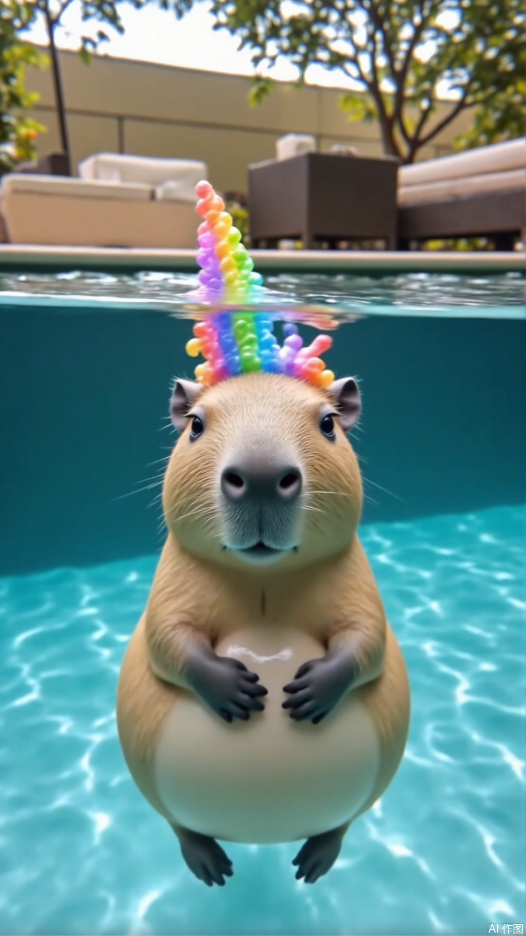village,cute pet,A Capibala is in the pool, only showing its head on the water.