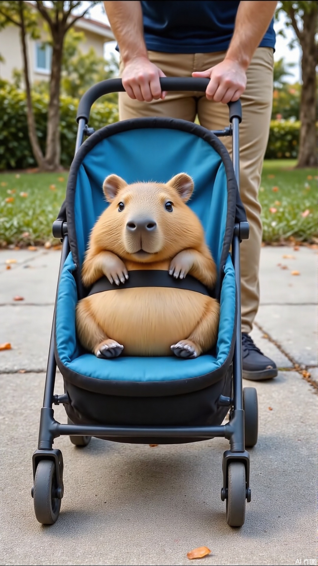 cute pet,A Capibala sits in a stroller and is pushed along the sidewalk.