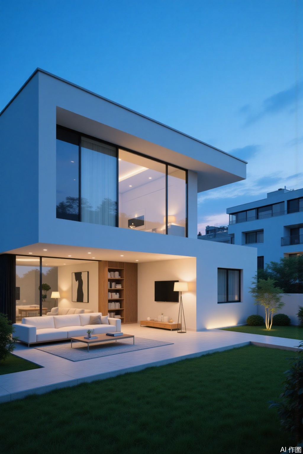 Ultra photoreal, Insane Details, 32K, Realistic,
Simple architectural design,The image depicts a moderntwo-story house with large glass windows that allow a view of the interior. The house features a sleekminimalist design with clean lines and a white exterior. The upper floor has a large window that provides a view of the sky and surrounding buildings. The ground floor includes a living room with a white sofa and a wooden coffee tablea bookshelfand a floor lamp. The house is surrounded by a well-maintained garden with green grass and shrubs. The sky is a clear blueindicating it is either dawn or dusk. The overall atmosphere is serene and modern.