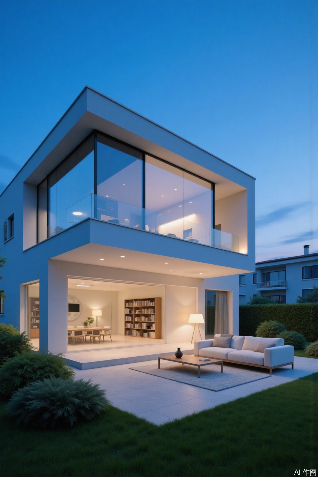 Ultra photoreal, Insane Details, 32K, Realistic,
Simple architectural design,The image depicts a moderntwo-story house with large glass windows that allow a view of the interior. The house features a sleekminimalist design with clean lines and a white exterior. The upper floor has a large window that provides a view of the sky and surrounding buildings. The ground floor includes a living room with a white sofa and a wooden coffee tablea bookshelfand a floor lamp. The house is surrounded by a well-maintained garden with green grass and shrubs. The sky is a clear blueindicating it is either dawn or dusk. The overall atmosphere is serene and modern.