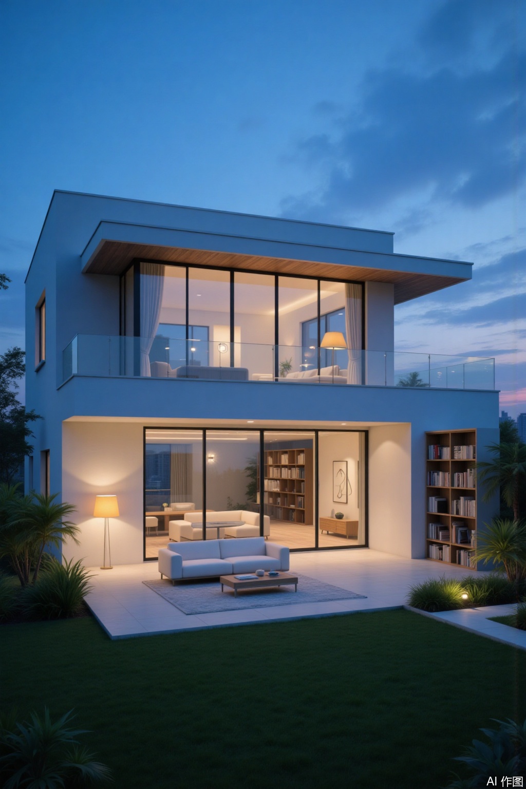 Ultra photoreal, Insane Details, 32K, Realistic,
Simple architectural design,The image depicts a moderntwo-story house with large glass windows that offer a view of the city skyline in the background. The house is well-litsuggesting it is evening or nighttime. The exterior features a cleanwhite facade with a flat roof and a small balcony on the upper floor. The ground floor has a spacious outdoor area with a white sofaa coffee tableand a lit floor lamp. There is a bookshelf filled with books on the right side of the houseand a well-maintained garden with green grass and shrubs is visible in the foreground. The overall atmosphere is serene and invitingwith a focus on modern architecture and a connection to nature.