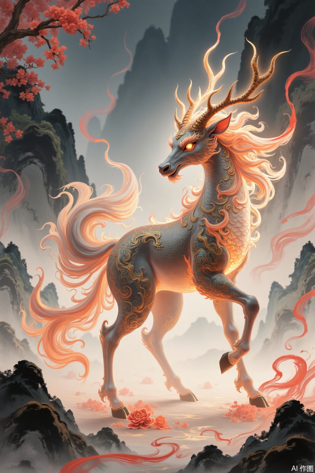 Fluid ink style, thick ink and heavy color, unicorn, auspicious beast, deer body covered with dragon scales, ox tail single horn, stepping on the blooming peony, golden red color matching, soft light all over the body, texture of ancient Chinese scrolls, complex embroidery patterns, standing on the stone platform, ethereal, Zen, 4K, soft light