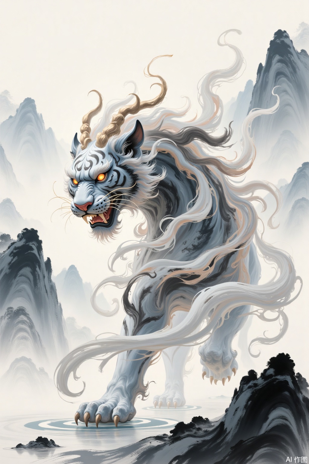Fluid ink and water wind, white tiger, referring to the mountain and sea classics, thick ink and heavy color, fierce tiger descending the mountain, dynamic, ethereal, Zen, detailed composition