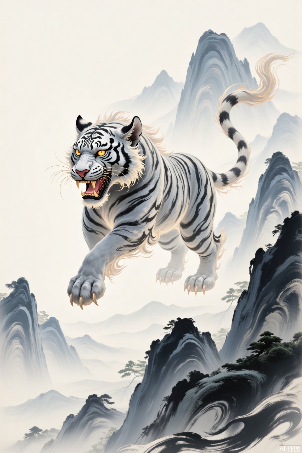Fluid ink and water wind, white tiger, referring to the mountain and sea classics, thick ink and heavy color, fierce tiger descending the mountain, dynamic, ethereal, Zen, detailed composition