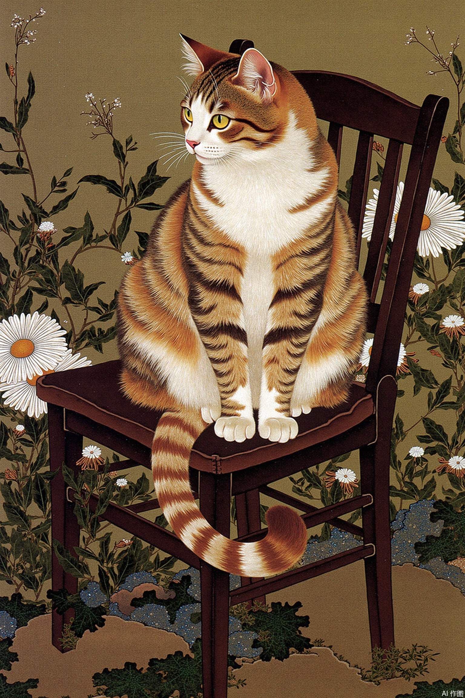 a cat sitting on chair on garden outdoors,artist_ytrc painting