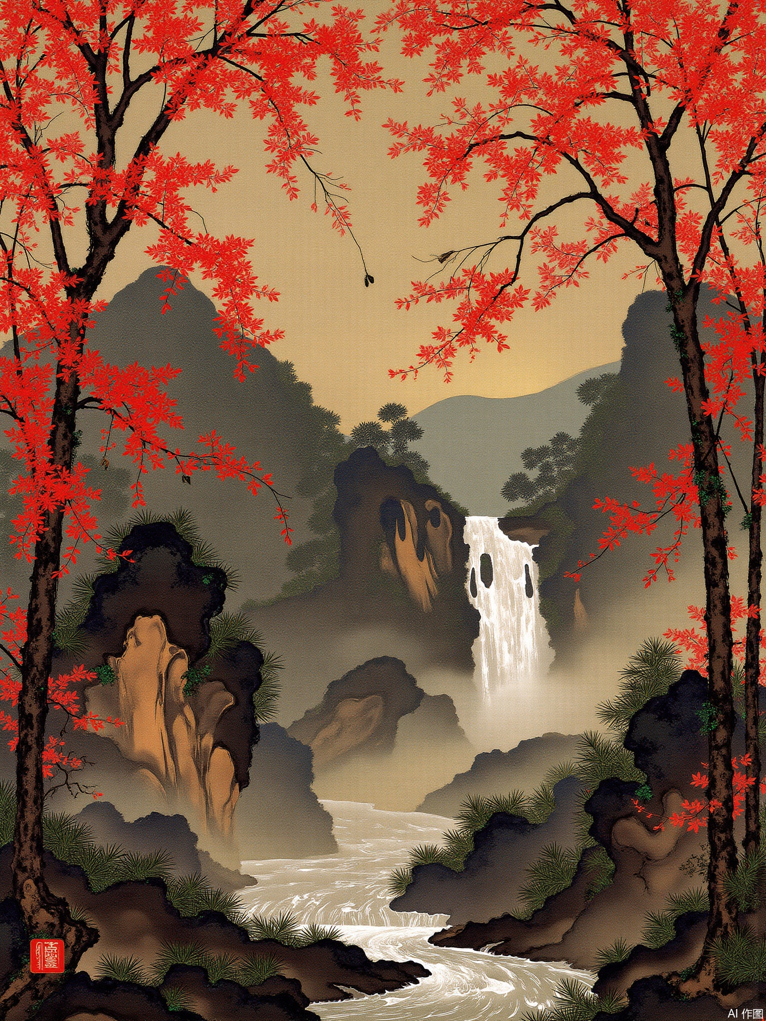 artist_ytrc painting,masterpiece,best quality,good quality,newest,very aesthetic,absurdres,Visual impact,A shot with tension,
ultra-high resolution,32K UHD,sharp focus,Emotionalization,unconventional supreme masterpiece,masterful details,
mountain waterfall in Autumn,