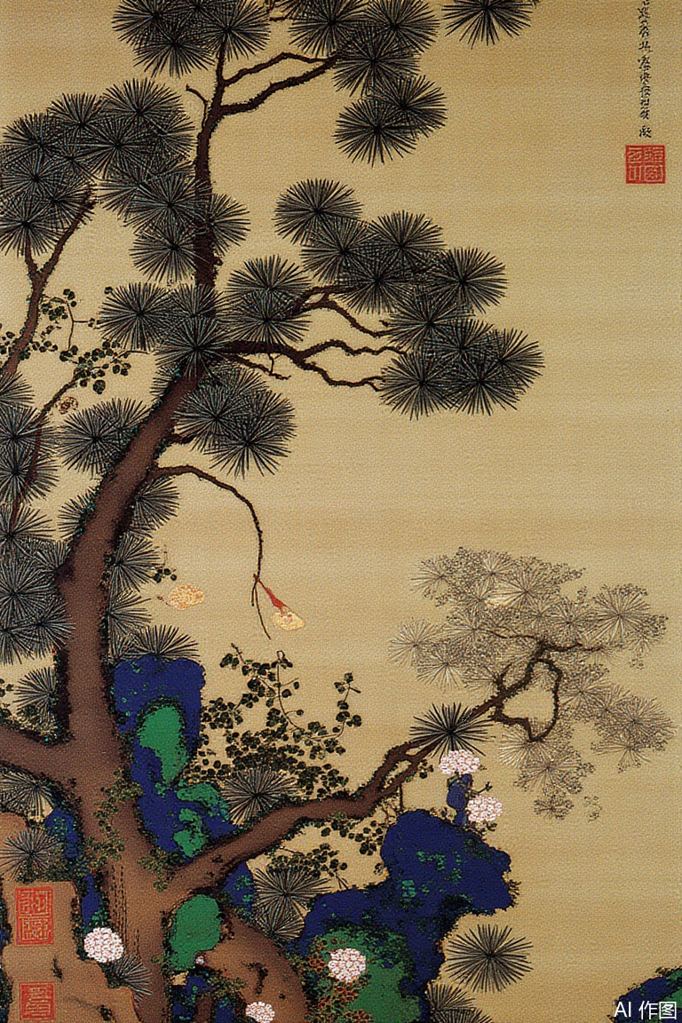 ,artist_ytrc painting,
tree,no humans,architecture,east asian architecture,outdoors,scenery,traditional media,rock,painting \(medium\),
