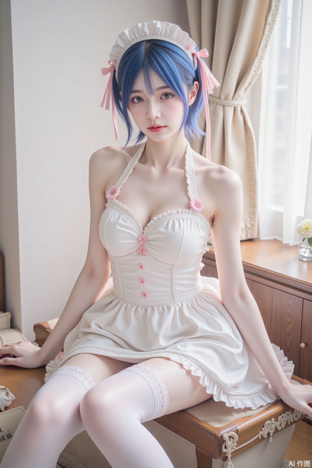1girl, short hair, thighhighs, blue hair, blue eyes, dress, white thighhighs, hair ornament, sitting, flower, high heels, bare shoulders, looking at viewer, ribbon, curtains, x hair ornament, hair ribbon, realistic, halterneck, white dress, white footwear, indoors, collarbone, frills, hairband, frilled dress, sleeveless, pink ribbon, window, maid headdress, breasts