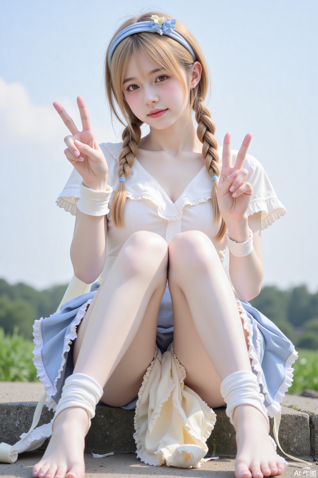 1girl, barefoot, braid, twin braids, v, blonde hair, smile, flower, skirt, looking at viewer, long hair, blush, hairband, short sleeves, blue skirt, frills, ribbon, white shirt, hair ribbon, toes, yellow eyes, shirt, wrist cuffs, feet, sky, sitting, jacket