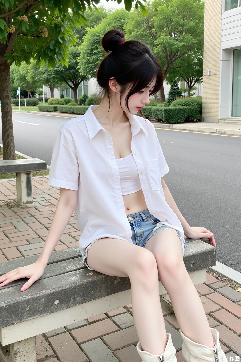 1girl,short hair,shirt,black hair,navel,sitting,white shirt,boots,outdoors,shorts,midriff,hair bun,tree,short shorts,single hair bun,white footwear,denim,building,denim shorts,road,bench