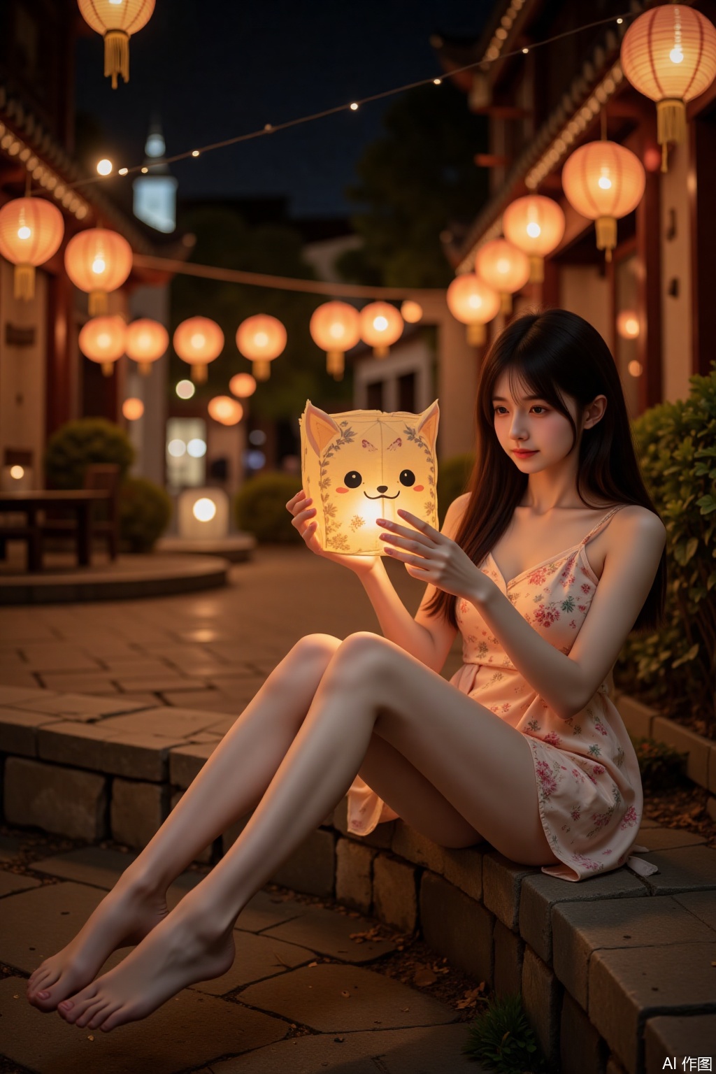 In the soft glow of the lantern-lit night, a young Asian girl sits gracefully on a stone bench. She is wearing a mini dress with delicate floral patterns, her bare legs and feet peeking out charmingly. Her feet are bare, and her toes curl slightly as she plays with a small animal paper lantern in her hands. Her long, straight black hair cascades down her back, framing her delicate features. She wears a traditional mask that adds a touch of mystery. The lantern casts a warm light on her, highlighting her playful expression. The camera captures her from a low angle, framing her entire body against the backdrop of twinkling lanterns and ancient architecture. The focus is on her bare feet and the lantern, creating a whimsical and enchanting atmosphere.