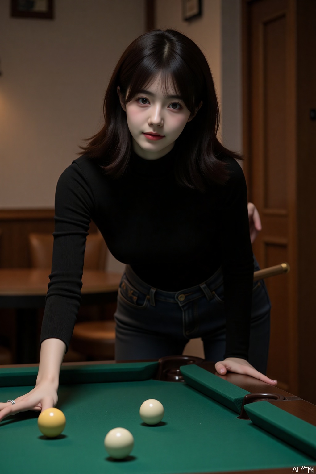 Black turtleneck sweater on the upper body, tight jeans on the lower body, bent down to play billiards in the billiard hall, front half-body photo, photo, height 175CM, 36F, perfect proportional figure, bright light, snow-white skin, big eyes, cherry mouth, light makeup, black long hair, ultra-clear, bright, noble, high-end, elegant, hazy, clear facial texture, quiet and beautiful face, 32K master quality, realistic, real person photos.