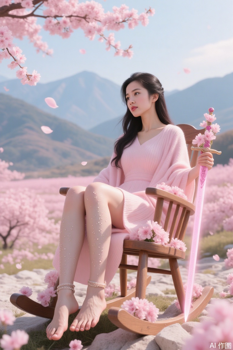 Holding a sword in hand The image shows a young woman sitting on a wooden rocking chair in a field of pink cherry blossom flowers She is wearing a pink dress and a pink shawl over her shoulders She has long dark hair and is holding a pink sword in her right hand The woman is looking off to the side with a peaceful expression on her face In the background, there are mountains and a blue sky The overall mood of the image is serene and peaceful. The skin is covered with water droplets with feet dipped in milk and wearing ankle bracelets