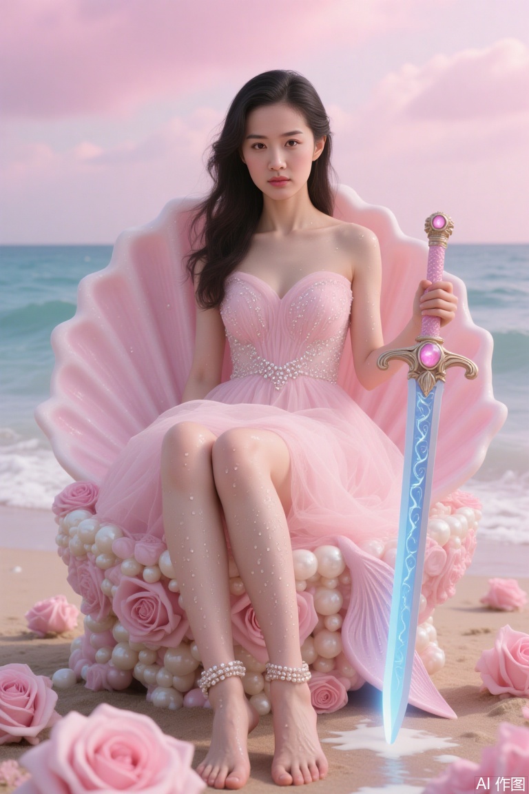 Holding a sword in hand The image shows a young woman sitting on a large pink seashell on a beach She is wearing a strapless pink dress with a sweetheart neckline and is holding a blue sword in her right hand The woman has long dark hair and is looking directly at the camera with a serious expression The seashell is decorated with pink roses and pearls, and there is a mermaid tail on the right side of the image The background shows the ocean and a pink sky. The skin is covered with water droplets with feet dipped in milk and wearing ankle bracelets