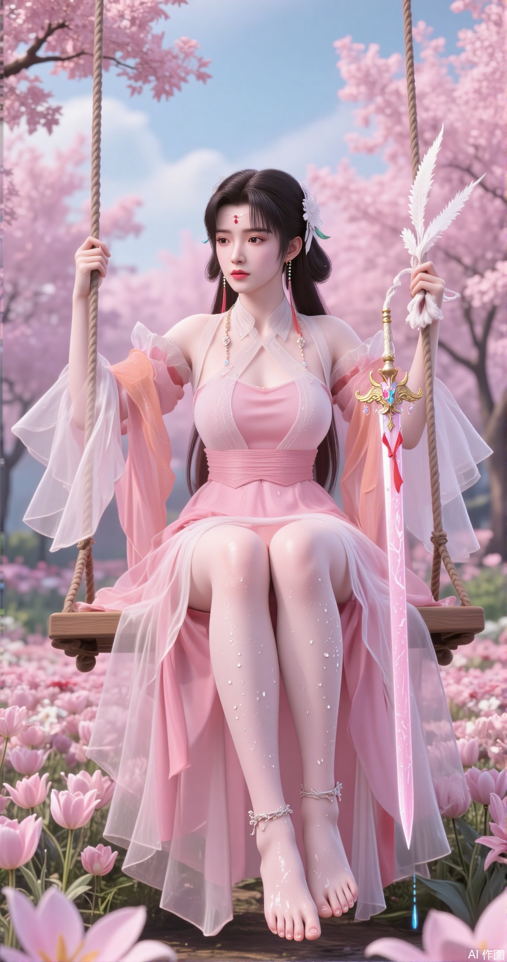 Holding a sword in hand The image shows a young woman sitting on a swing in a field of pink tulips She is wearing a long, flowing pink dress with a high neckline and long sleeves The dress is made of tulle and has a flowy skirt that falls to her knees She has long dark hair that is styled in loose waves and is holding a pink wand in her right hand The wand has a long handle and a pointed tip The woman is looking off to the side with a peaceful expression on her face The background is filled with pink cherry blossom trees and a blue sky with white clouds The overall mood of the image is dreamy and romantic. The skin is covered with water droplets with feet dipped in milk and wearing ankle bracelets