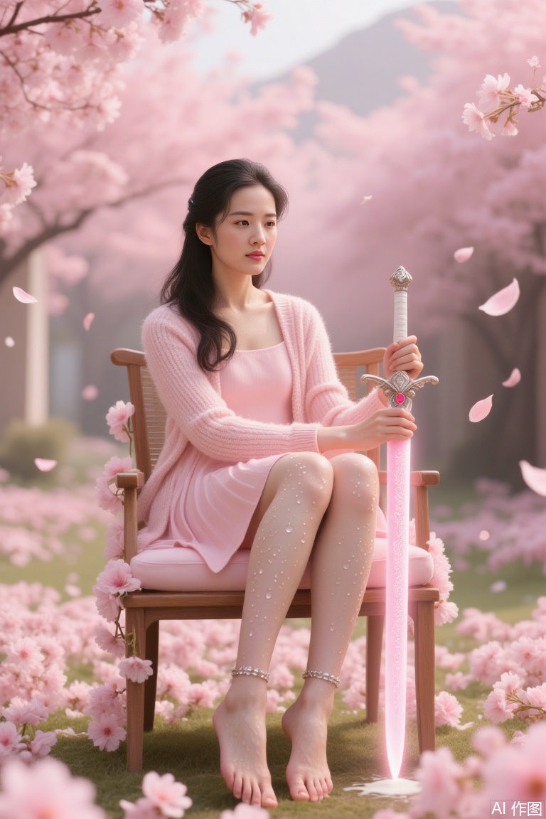 Holding a sword in hand The image shows a young woman sitting on a wooden chair in a garden with pink cherry blossom trees in full bloom She is wearing a pink dress and a pink cardigan, and her long dark hair is styled in loose waves The woman is holding a pink sword with a white handle and a silver hilt She has a peaceful expression on her face and is looking off to the side The background is filled with pink flowers and petals, creating a romantic and dreamy atmosphere The overall mood of the image is peaceful and serene. The skin is covered with water droplets with feet dipped in milk and wearing ankle bracelets