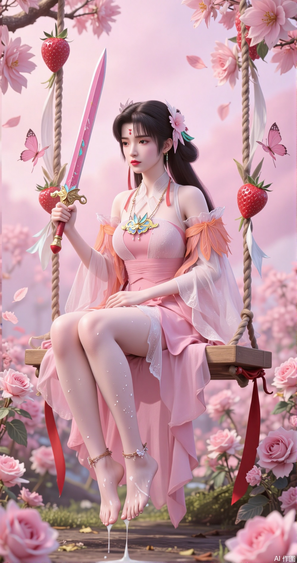 Holding a sword in hand The image shows a young woman sitting on a swing in a garden of pink roses She is wearing a pink dress with ruffles and white polka dots She has long dark hair and is holding a pink sword in her right hand The swing is made of rope and is decorated with strawberries and butterflies The background is a soft pink color with gold accents The overall mood of the image is romantic and whimsical. The skin is covered with water droplets with feet dipped in milk and wearing ankle bracelets