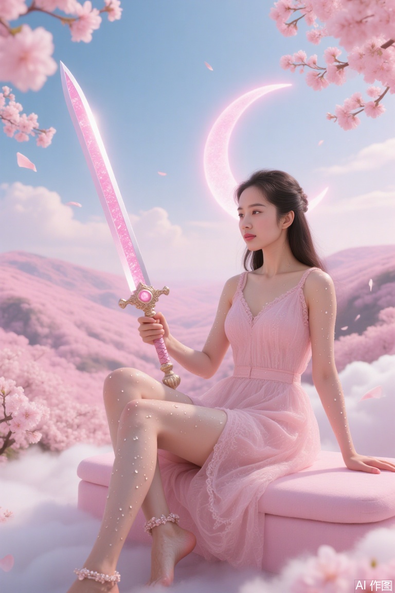 olding a sword in hand The image shows a young woman sitting on a pink couch with a sword in her hand She is wearing a pink dress and has long dark hair The background is a beautiful landscape with pink cherry blossom trees and mountains in the distance The sky is blue with a crescent moon and white clouds The woman is holding the sword with both hands and is looking off into the distance with a peaceful expression on her face The overall mood of the image is dreamy and romantic. The skin is covered with water droplets with feet dipped in milk and wearing ankle bracelets