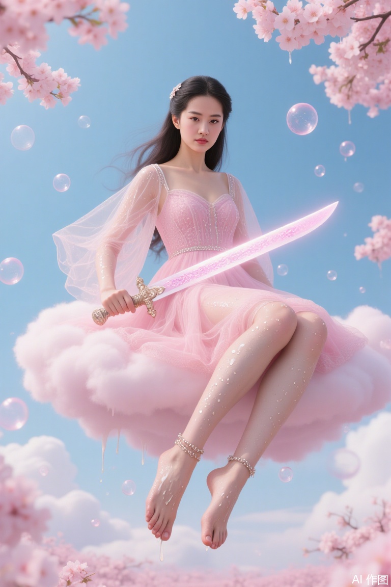 Holding a sword in hand The image is a digital illustration of a young woman sitting on a cloud with a sword in her hand She is wearing a pink dress with a sweetheart neckline and long sleeves The dress is made of tulle and has a full skirt that falls to her knees The woman has long dark hair and is looking directly at the camera with a serious expression The background is a blue sky with white clouds and pink cherry blossom trees There are also bubbles floating around the woman and the sword The overall mood of the image is dreamy and romantic. The skin is covered with water droplets with feet dipped in milk and wearing ankle bracelets