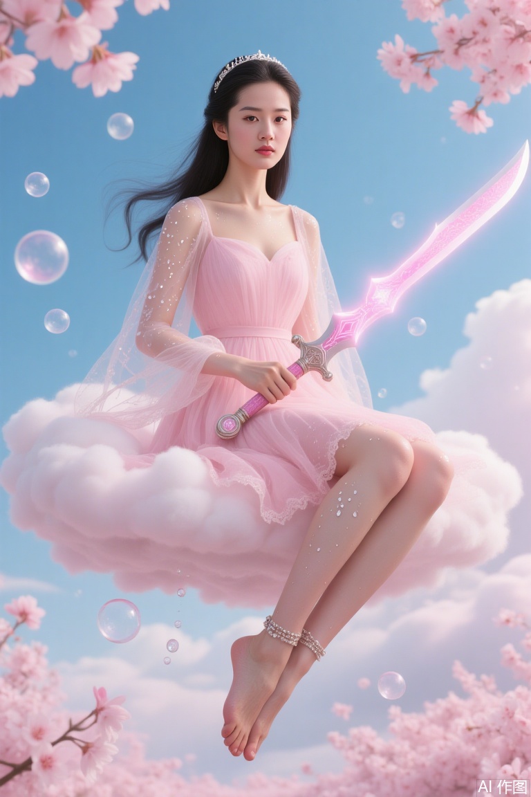 Holding a sword in hand The image is a digital illustration of a young woman sitting on a cloud with a sword in her hand She is wearing a pink dress with a sweetheart neckline and long sleeves The dress is made of tulle and has a full skirt that falls to her knees The woman has long dark hair and is looking directly at the camera with a serious expression The background is a blue sky with white clouds and pink cherry blossom trees There are also bubbles floating around the woman and the sword The overall mood of the image is dreamy and romantic. The skin is covered with water droplets with feet dipped in milk and wearing ankle bracelets