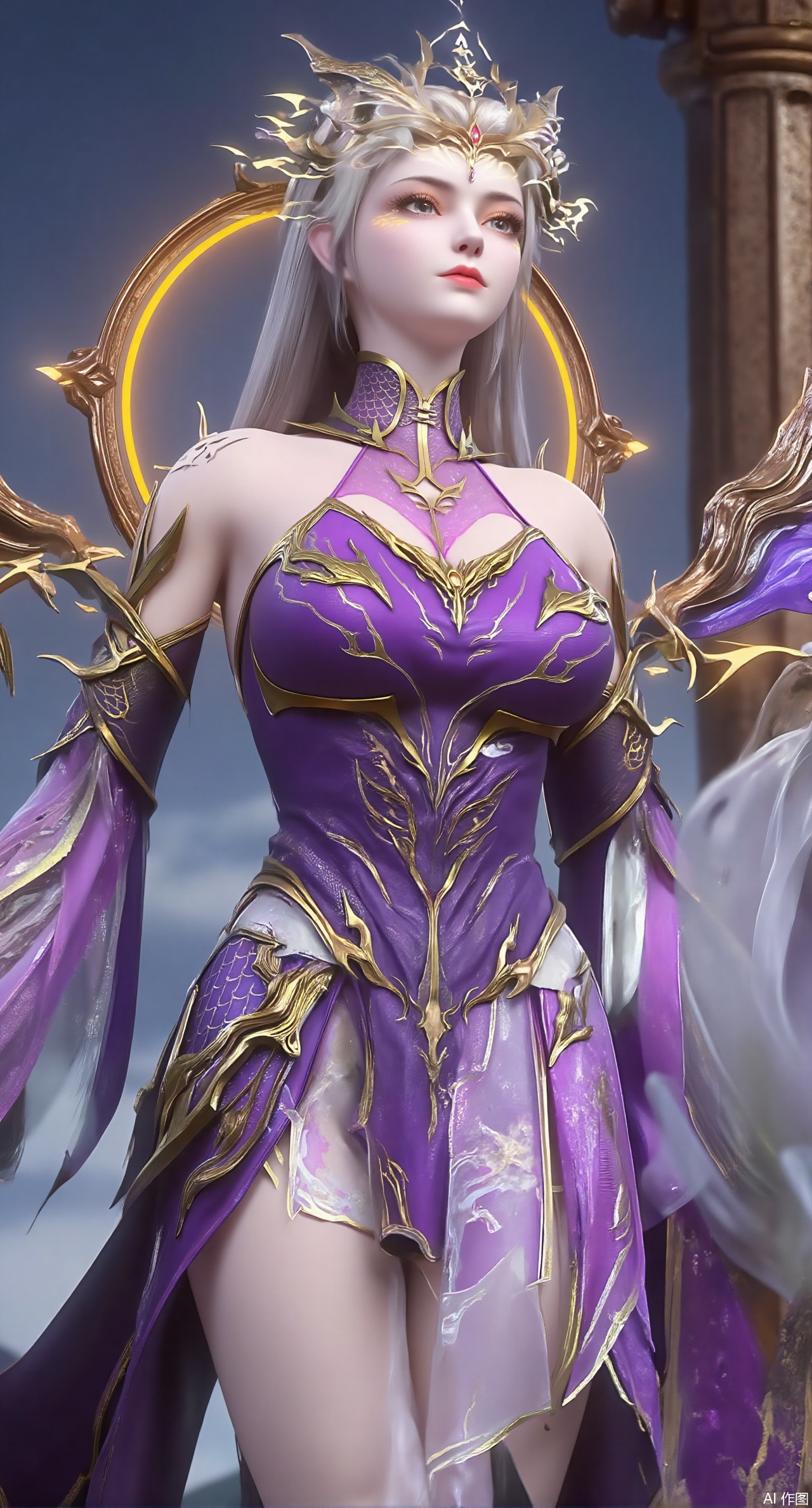 (masterpiece:1.2),1girl,long hair,purple eyes,very long hair,hair_ornament,hanfu ((knee shot)), ((Shoot at random angles)), ((Visible cleavage)), ((E-cup)), ((I-type Valley)), ((Warm colors)), (Galaxy Background), Long-range shooting, A beautiful woman,Elegant posture,Standing,Slender figure。Her legs are slender and straight,Cross placement,Forming a perfect diagonal composition。Head gently sideways,Long blond hair falls naturally,Gently brushing her shoulders。Soft colors,In stark contrast to her fair skin。The edge of the skirt ripples gently,As if swaying in the breeze。Her eyes were gentle,There is a faint smile on the lips。The whole picture looks very harmonious and beautiful.(huge breasts:2.99),(full breasts:2.99),,XliushenWDDk,Xziyanlonghuang,XjiningshuangX2,XcaiyunxianziK,XlimuwanXJCB,XzilingK