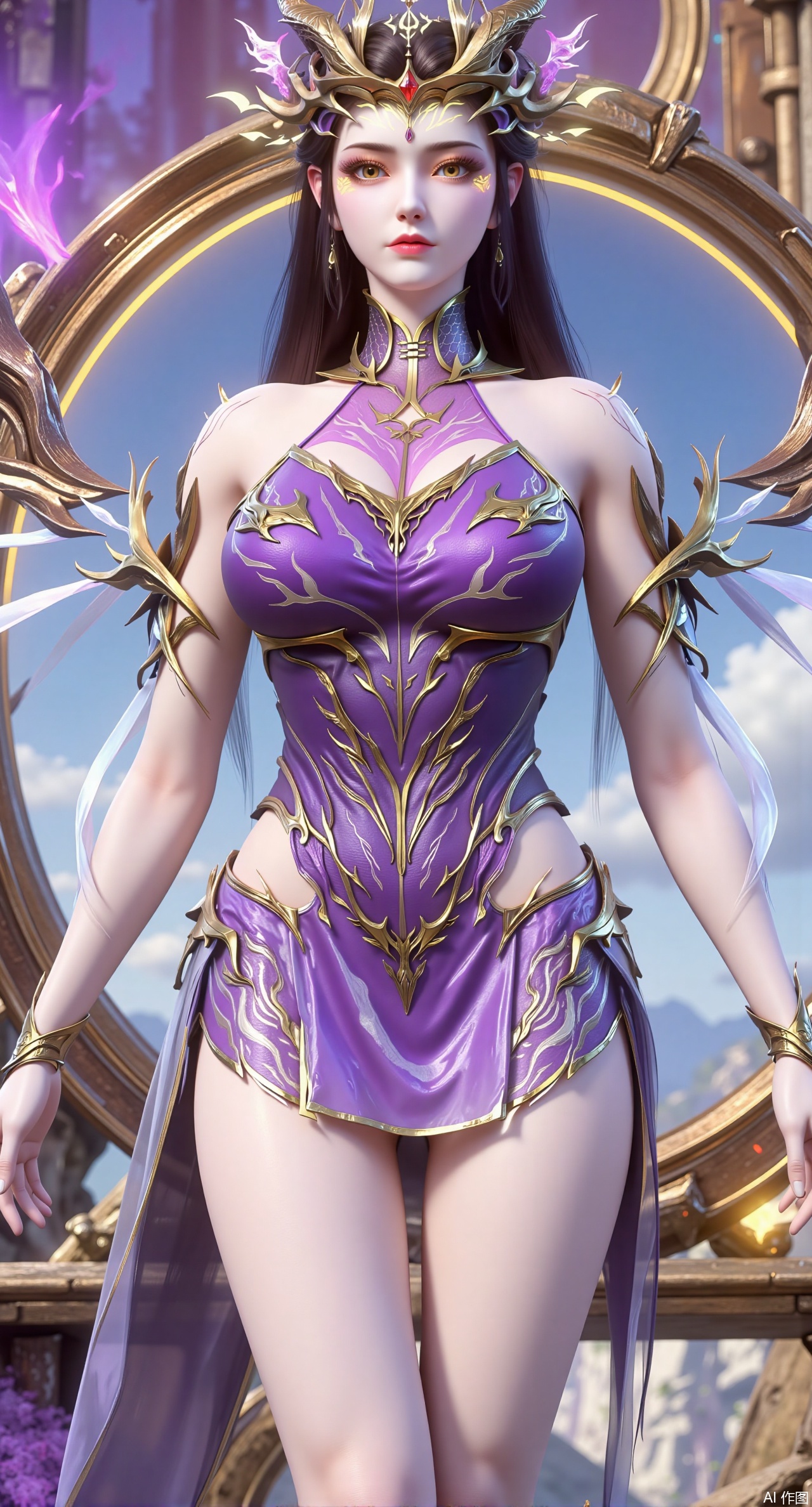  (masterpiece:1.2),best quality,a 3D rendering of a young woman posing in a futuristic outfit She is standing on a stage with a rainbow-colored background The woman is wearing a strapless, metallic bodysuit with a sweetheart neckline and a ruffled skirt that falls below her knees The bodysuits are covered in a shiny, iridescent material that reflects the light and creates a rainbow effect She has long dark hair styled in loose waves and a small flower in her hair The overall aesthetic of the image is futuristic and edgy.(huge breasts:2.99),(full breasts:2.99),,XliushenWDDk,Xziyanlonghuang,XjiningshuangX2,XlimuwanXJCB,XcaiyunxianziK