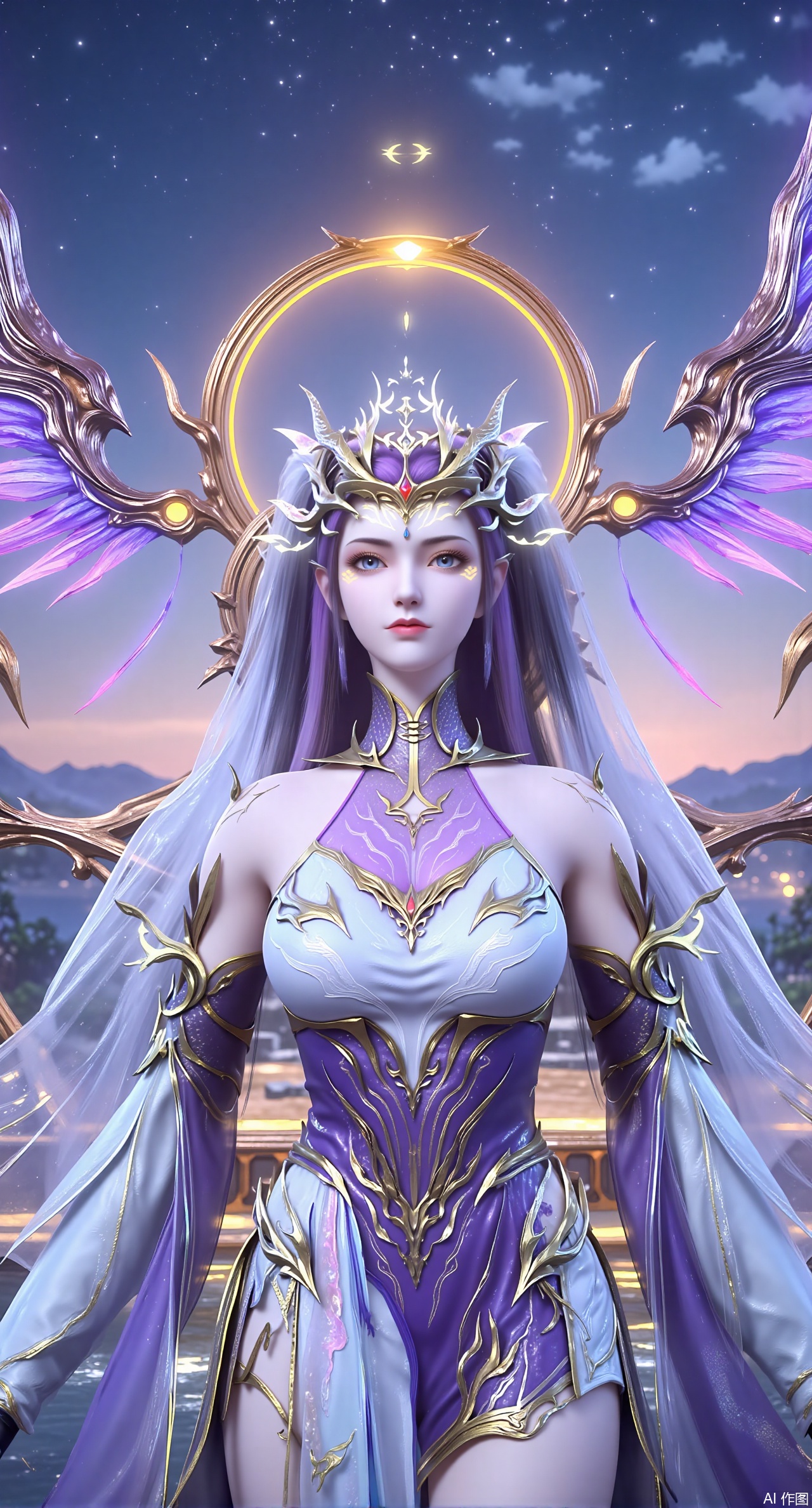 (masterpiece:1.2),best quality,,an anime CG style image.A girl has long purple hair,There is a crown on her head,She has beautiful and delicate facial features, fair skin, and wearing a white dress,sitting Floating islands in celestial valley, bioluminescent flora under starlight, pastel pink and aqua auroras, dreamlike composition with impossible physics, 3D render style.(huge breasts:2.99),(full breasts:2.99),,XliushenWDDk,Xziyanlonghuang,XjiningshuangX2,XcaiyunxianziK,XlimuwanXJCB,XzilingK