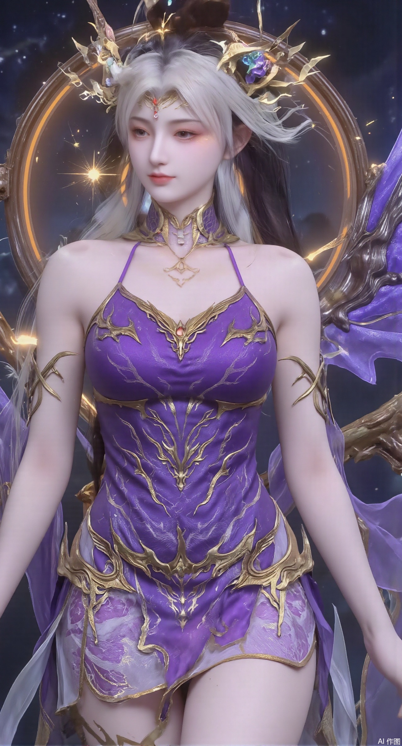(masterpiece:1.2),1girl,long hair,purple eyes,very long hair,hair_ornament,hanfu ((knee shot)), ((Shoot at random angles)), ((Visible cleavage)), ((E-cup)), ((I-type Valley)), ((Warm colors)), (Galaxy Background), Long-range shooting, A beautiful woman,Elegant posture,Standing,Slender figure。Her legs are slender and straight,Cross placement,Forming a perfect diagonal composition。Head gently sideways,Long blond hair falls naturally,Gently brushing her shoulders。Soft colors,In stark contrast to her fair skin。The edge of the skirt ripples gently,As if swaying in the breeze。Her eyes were gentle,There is a faint smile on the lips。The whole picture looks very harmonious and beautiful.(huge breasts:2.99),(full breasts:2.99),,XliushenWDDk,Xziyanlonghuang,XjiningshuangX2,XcaiyunxianziK,XlimuwanXJCB,XzilingK