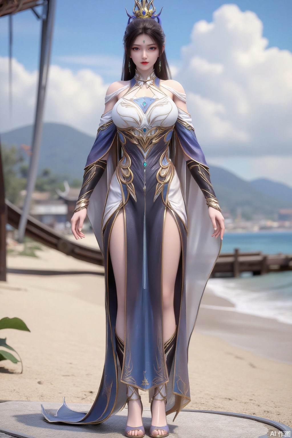  (masterpiece:1.2),best quality,3D animation,CG,absurdres,masterpiece,original,extremely detailed wallpaper,perfect lighting,(extremely detailed CG:1.2),1girl,solo,standing,(huge breasts:2.69),(full breasts:2.59),,looking at viewer,(cowboy_shot:1.1),long hair,high heels,blurry background,depth of field,motion blur,long dress,china_dress,chinese_style,bare shouders,crystal_earrings,headpiece,hair_tie,chest_jewel,gem,necklace,jewelry,in summer,day,outdoors,nature,sea,(rose,beach:1.49),(huge breasts:2.99),(full breasts:2.99),(very long legs,Diamond-studded high heels:1.5),XcaiyunK,XlimuwanJCB,Xjiningshuang,XjiningshuangX2,XzixinK