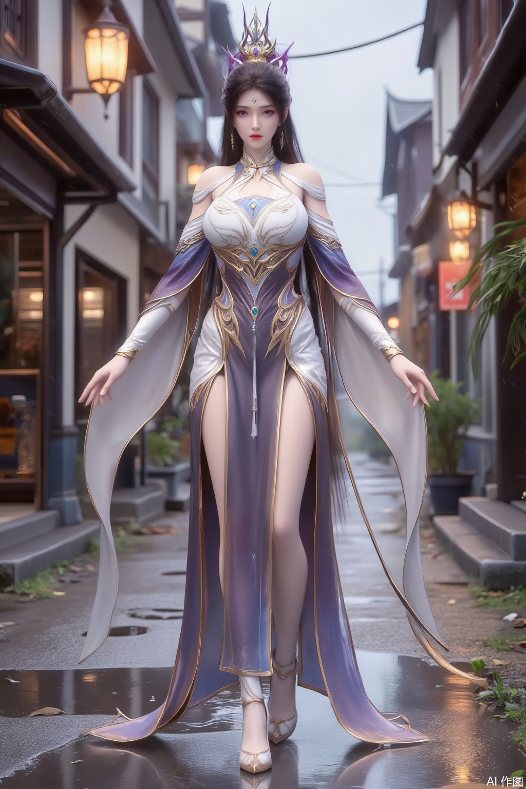 SFW, Best Quality, Masterpiece, 8k, 1Girl, Full Body, Long Hair, Pink Exquisite Headwear, long Dresses, Lace Skirt, Purple Eyes, Dress, Angel Wings, Long Legs, White Pantyhose, Long Legs Very Sexy, (High Heels: 1.5), Golden High Heels, Chest, (Big Breasts: 2.99), (Full Breasts: 2.9) Rainy Background, Standing on a street full of puddles, Whistling Wind, Rain, Swinging Street Lights Shining, Scattered Leaves, Reflections on the Water Surface,Xziyanlonghuang,XcaiyunK,XlimuwanJCB,Xjiningshuang,XjiningshuangX2,XzixinK