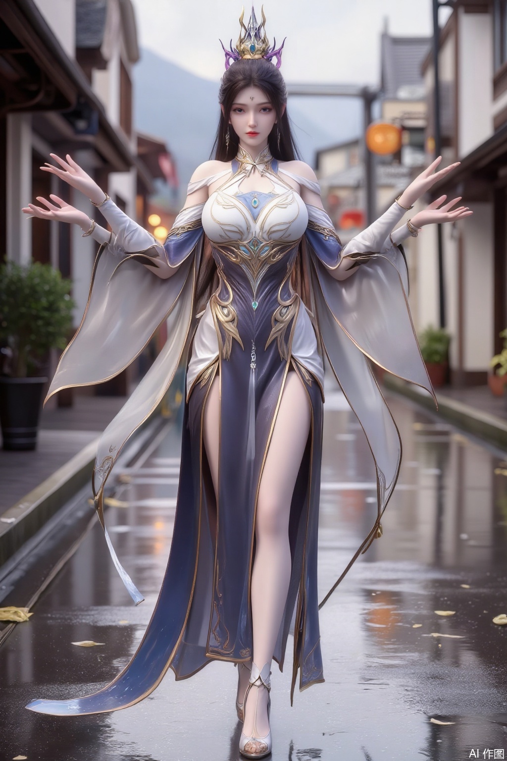 SFW, Best Quality, Masterpiece, 8k, 1Girl, Full Body, Long Hair, Pink Exquisite Headwear, long Dresses, Lace Skirt, Purple Eyes, Dress, Angel Wings, Long Legs, White Pantyhose, Long Legs Very Sexy, (High Heels: 1.5), Golden High Heels, Chest, (Big Breasts: 2.99), (Full Breasts: 2.9) Rainy Background, Standing on a street full of puddles, Whistling Wind, Rain, Swinging Street Lights Shining, Scattered Leaves, Reflections on the Water Surface,Xziyanlonghuang,XcaiyunK,XlimuwanJCB,Xjiningshuang,XjiningshuangX2,XzixinK