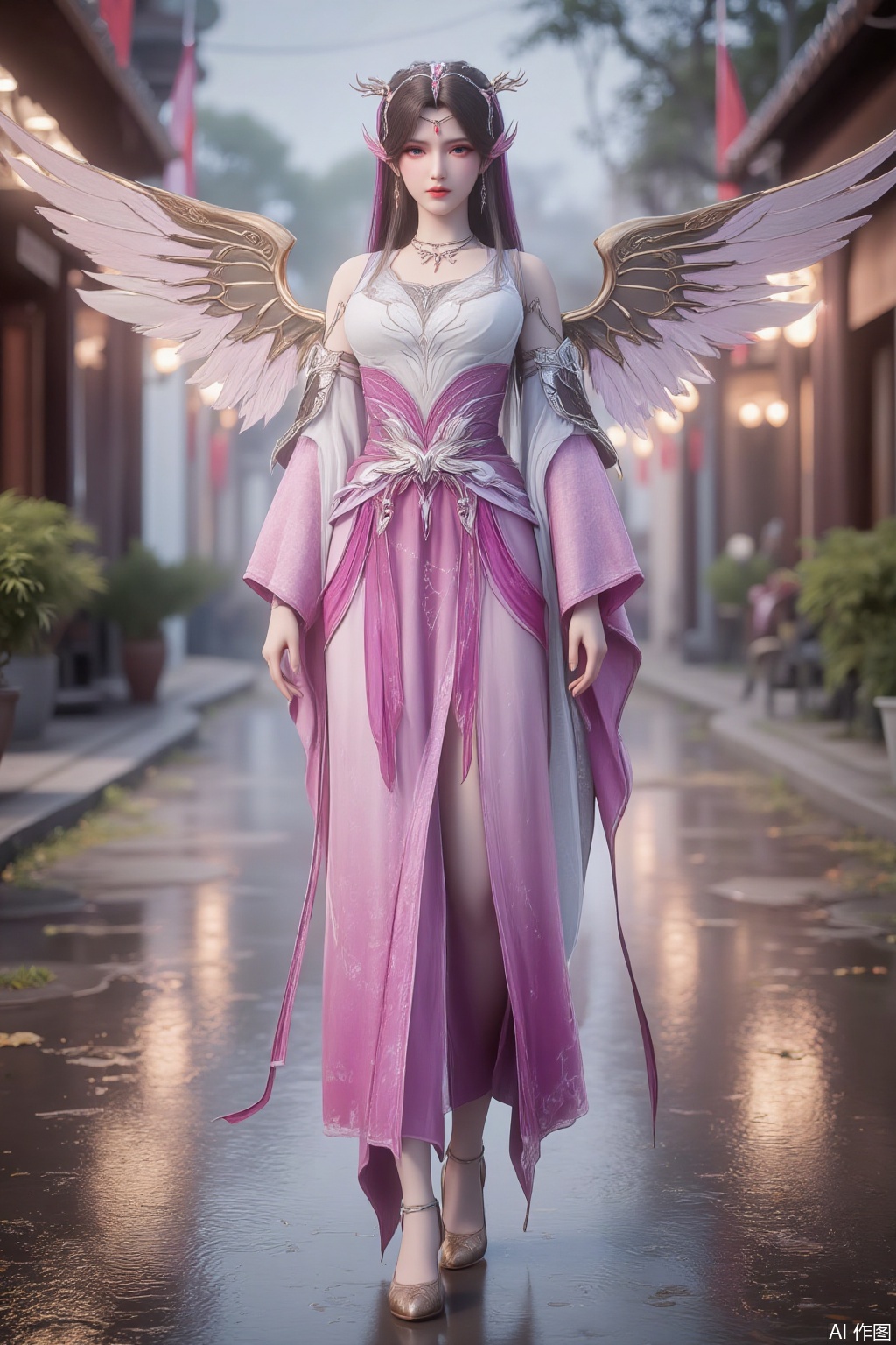 SFW, Best Quality, Masterpiece, 8k, 1Girl, Full Body, Long Hair, Pink Exquisite Headwear, long Dresses, Lace Skirt, Purple Eyes, Dress, Angel Wings, Long Legs, White Pantyhose, Long Legs Very Sexy, (High Heels: 1.5), Golden High Heels, Chest, (Big Breasts: 2.99), (Full Breasts: 2.9) Rainy Background, Standing on a street full of puddles, Whistling Wind, Rain, Swinging Street Lights Shining, Scattered Leaves, Reflections on the Water Surface,Xziyanlonghuang,XcaiyunK,XlimuwanJCB,Xjiningshuang,XjiningshuangX2,XzixinK