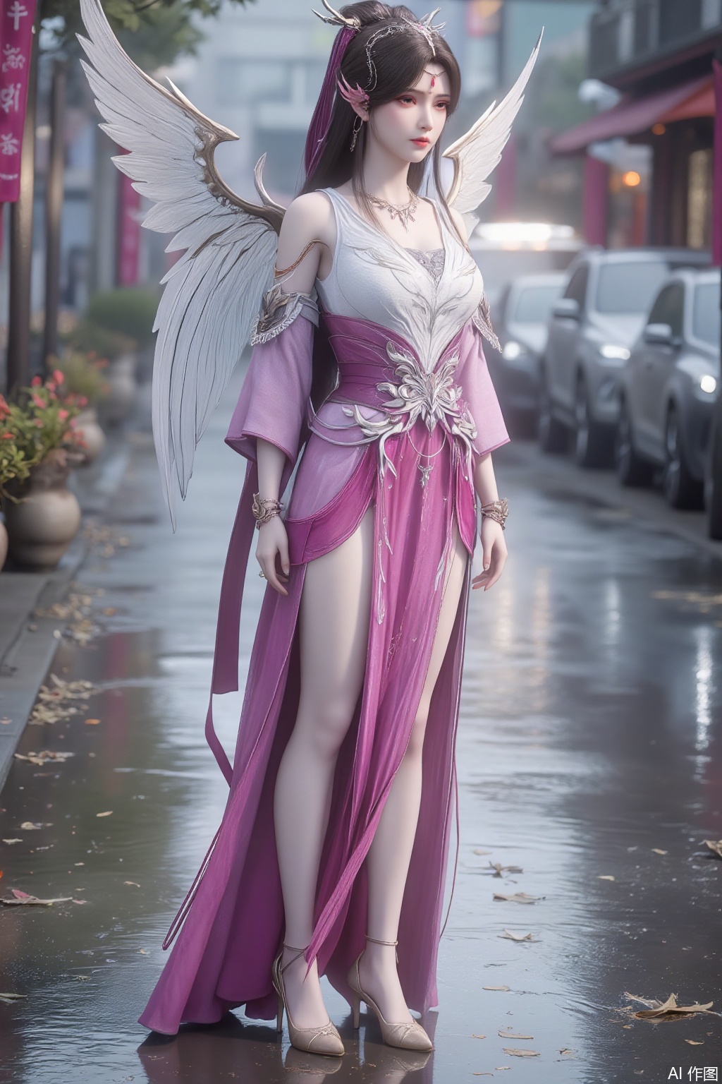 SFW, Best Quality, Masterpiece, 8k, 1Girl, Full Body, Long Hair, Pink Exquisite Headwear, long Dresses, Lace Skirt, Purple Eyes, Dress, Angel Wings, Long Legs, White Pantyhose, Long Legs Very Sexy, (High Heels: 1.5), Golden High Heels, Chest, (Big Breasts: 2.99), (Full Breasts: 2.9) Rainy Background, Standing on a street full of puddles, Whistling Wind, Rain, Swinging Street Lights Shining, Scattered Leaves, Reflections on the Water Surface,Xziyanlonghuang,XcaiyunK,XlimuwanJCB,Xjiningshuang,XjiningshuangX2,XzixinK