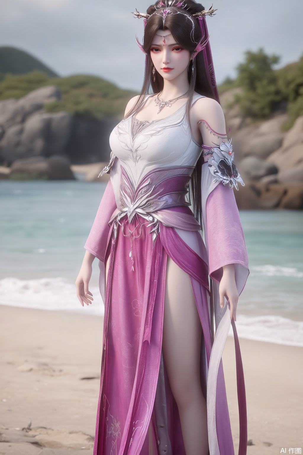  (masterpiece:1.2),best quality,3D animation,CG,absurdres,masterpiece,original,extremely detailed wallpaper,perfect lighting,(extremely detailed CG:1.2),1girl,solo,standing,(huge breasts:2.69),(full breasts:2.59),,looking at viewer,(cowboy_shot:1.1),long hair,high heels,blurry background,depth of field,motion blur,long dress,china_dress,chinese_style,bare shouders,crystal_earrings,headpiece,hair_tie,chest_jewel,gem,necklace,jewelry,in summer,day,outdoors,nature,sea,(rose,beach:1.49),(huge breasts:2.99),(full breasts:2.99),(very long legs,Diamond-studded high heels:1.5),XcaiyunK,XlimuwanJCB,Xjiningshuang,XjiningshuangX2,XzixinK