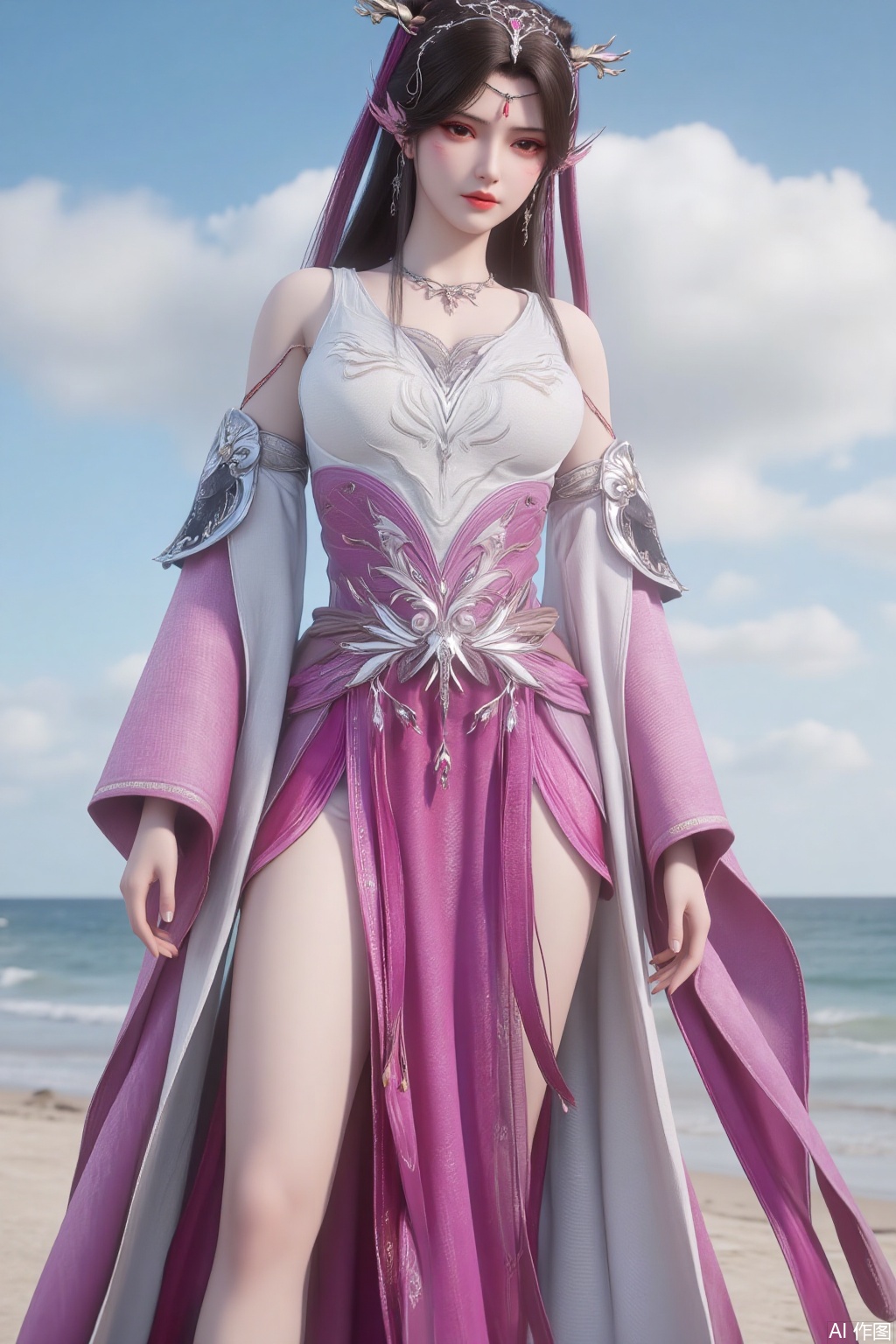  (masterpiece:1.2),best quality,3D animation,CG,absurdres,masterpiece,original,extremely detailed wallpaper,perfect lighting,(extremely detailed CG:1.2),1girl,solo,standing,(huge breasts:2.69),(full breasts:2.59),,looking at viewer,(cowboy_shot:1.1),long hair,high heels,blurry background,depth of field,motion blur,long dress,china_dress,chinese_style,bare shouders,crystal_earrings,headpiece,hair_tie,chest_jewel,gem,necklace,jewelry,in summer,day,outdoors,nature,sea,(rose,beach:1.49),(huge breasts:2.99),(full breasts:2.99),(very long legs,Diamond-studded high heels:1.5),XcaiyunK,XlimuwanJCB,Xjiningshuang,XjiningshuangX2,XzixinK