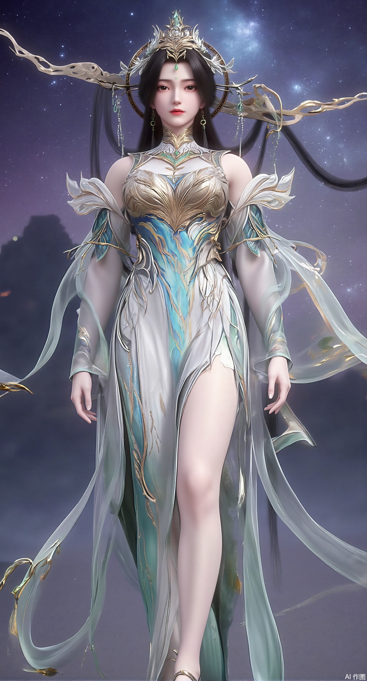(masterpiece:1.2),1girl,long hair,purple eyes,very long hair,hair_ornament,hanfu ((knee shot)), ((Shoot at random angles)), ((Visible cleavage)), ((E-cup)), ((I-type Valley)), ((Warm colors)), (Galaxy Background), Long-range shooting, A beautiful woman,Elegant posture,Standing,Slender figure。Her legs are slender and straight,Cross placement,Forming a perfect diagonal composition。Head gently sideways,Long blond hair falls naturally,Gently brushing her shoulders。Soft colors,In stark contrast to her fair skin。The edge of the skirt ripples gently,As if swaying in the breeze。Her eyes were gentle,There is a faint smile on the lips。The whole picture looks very harmonious and beautiful.(huge breasts:2.99),(full breasts:2.99),,XliushenWDDk,Xziyanlonghuang,XjiningshuangX2,XcaiyunxianziK,XlimuwanXJCB,XzilingK