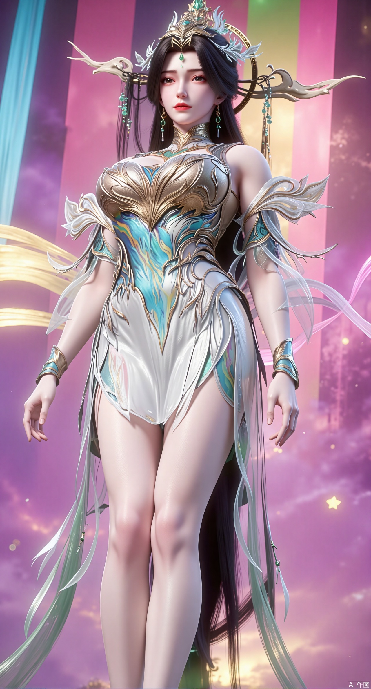  (masterpiece:1.2),best quality,a 3D rendering of a young woman posing in a futuristic outfit She is standing on a stage with a rainbow-colored background The woman is wearing a strapless, metallic bodysuit with a sweetheart neckline and a ruffled skirt that falls below her knees The bodysuits are covered in a shiny, iridescent material that reflects the light and creates a rainbow effect She has long dark hair styled in loose waves and a small flower in her hair The overall aesthetic of the image is futuristic and edgy.(huge breasts:2.99),(full breasts:2.99),,XliushenWDDk,Xziyanlonghuang,XjiningshuangX2,XlimuwanXJCB,XcaiyunxianziK