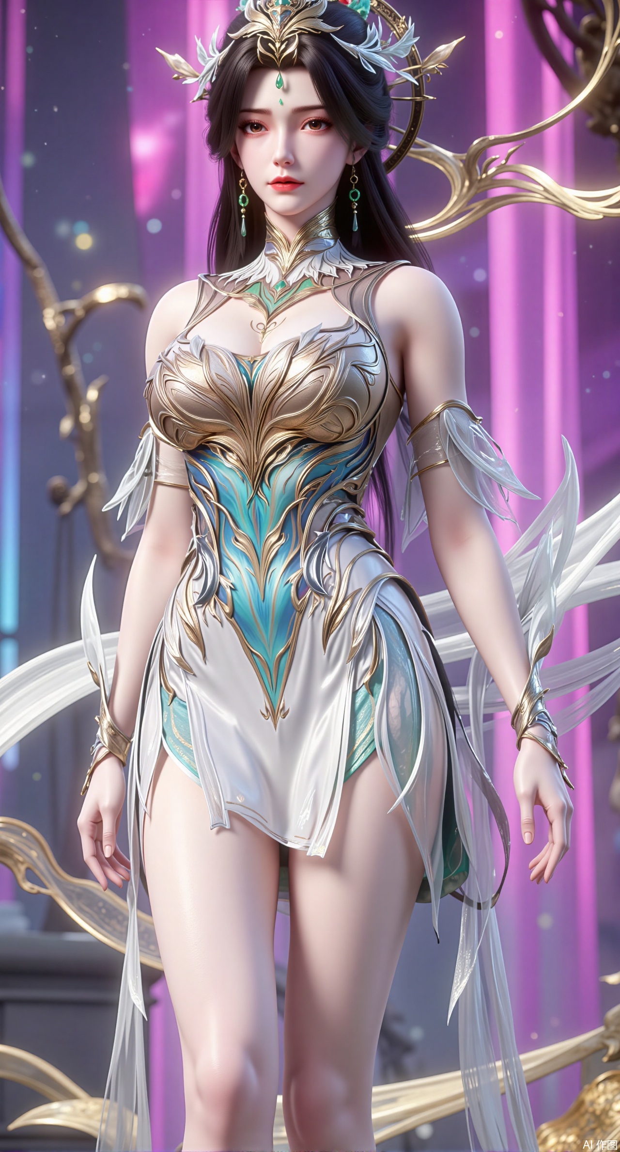 (masterpiece:1.2),best quality,a 3D rendering of a young woman posing in a futuristic outfit She is standing on a stage with a rainbow-colored background The woman is wearing a strapless, metallic bodysuit with a sweetheart neckline and a ruffled skirt that falls below her knees The bodysuits are covered in a shiny, iridescent material that reflects the light and creates a rainbow effect She has long dark hair styled in loose waves and a small flower in her hair The overall aesthetic of the image is futuristic and edgy.(huge breasts:2.99),(full breasts:2.99),,XliushenWDDk,Xziyanlonghuang,XjiningshuangX2,XlimuwanXJCB,XcaiyunxianziK