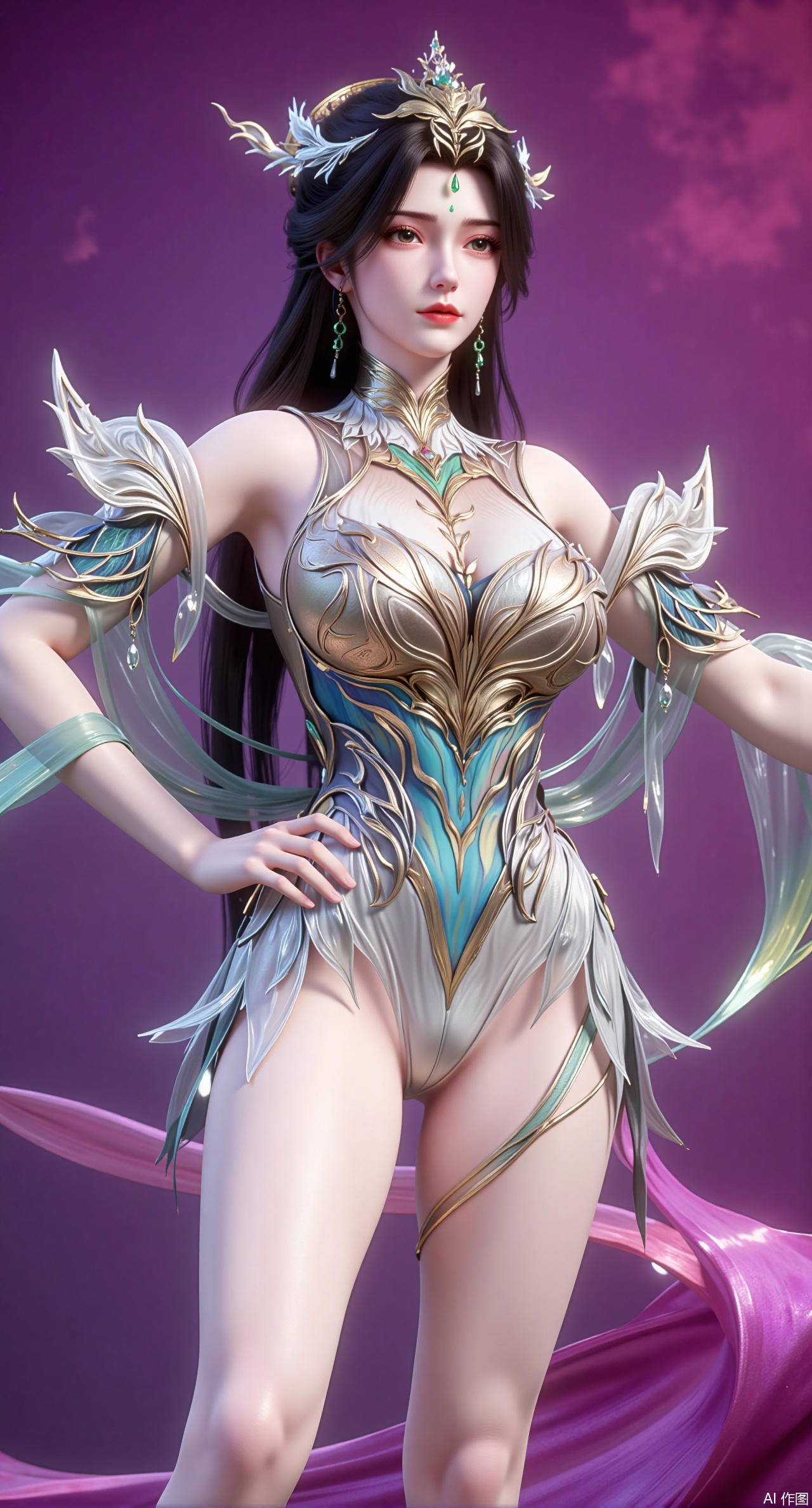 best quality,  a 3D rendering of a young woman posing in a futuristic outfit She is standing on a stage with a rainbow-col...