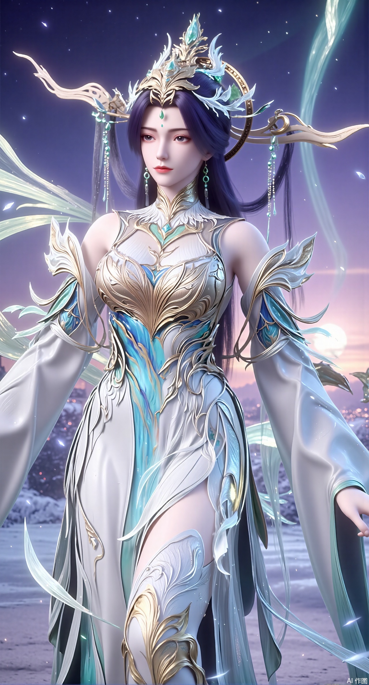 (masterpiece:1.2),best quality,,an anime CG style image.A girl has long purple hair,There is a crown on her head,She has beautiful and delicate facial features, fair skin, and wearing a white dress,sitting Floating islands in celestial valley, bioluminescent flora under starlight, pastel pink and aqua auroras, dreamlike composition with impossible physics, 3D render style.(huge breasts:2.99),(full breasts:2.99),,XliushenWDDk,Xziyanlonghuang,XjiningshuangX2,XcaiyunxianziK,XlimuwanXJCB,XzilingK