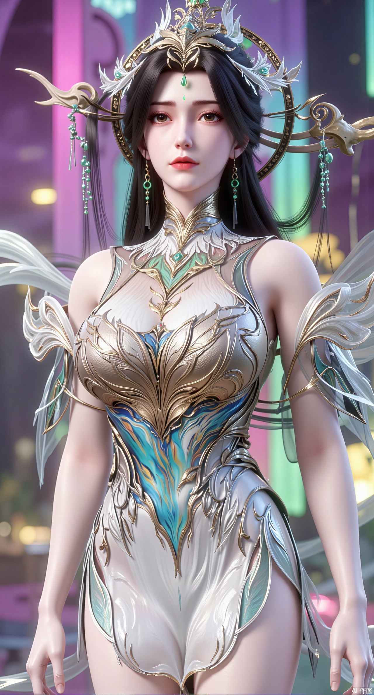  (masterpiece:1.2),best quality,a 3D rendering of a young woman posing in a futuristic outfit She is standing on a stage with a rainbow-colored background The woman is wearing a strapless, metallic bodysuit with a sweetheart neckline and a ruffled skirt that falls below her knees The bodysuits are covered in a shiny, iridescent material that reflects the light and creates a rainbow effect She has long dark hair styled in loose waves and a small flower in her hair The overall aesthetic of the image is futuristic and edgy.(huge breasts:2.99),(full breasts:2.99),,XliushenWDDk,Xziyanlonghuang,XjiningshuangX2,XlimuwanXJCB,XcaiyunxianziK