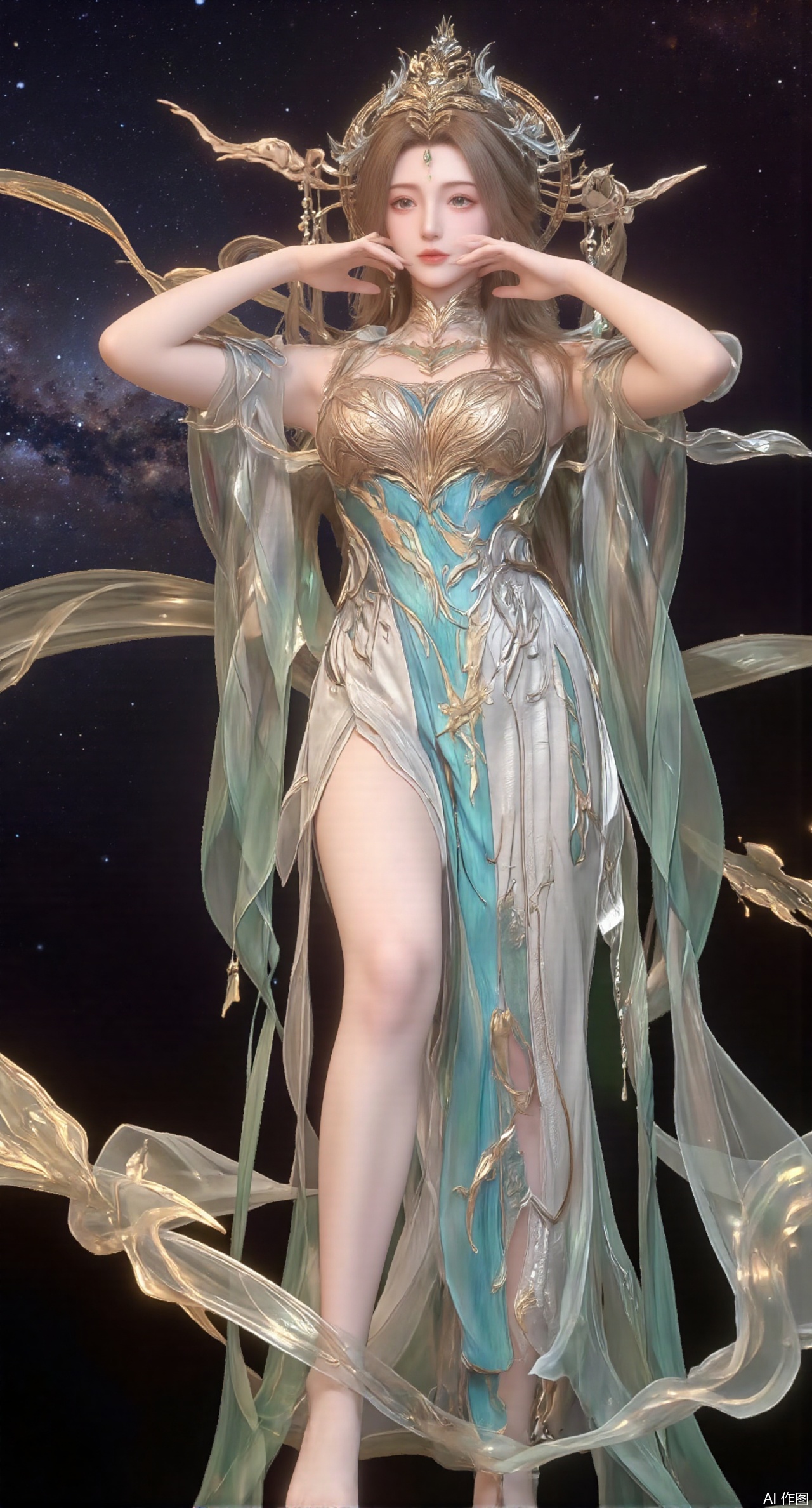 (masterpiece:1.2),1girl,long hair,purple eyes,very long hair,hair_ornament,hanfu ((knee shot)), ((Shoot at random angles)), ((Visible cleavage)), ((E-cup)), ((I-type Valley)), ((Warm colors)), (Galaxy Background), Long-range shooting, A beautiful woman,Elegant posture,Standing,Slender figure。Her legs are slender and straight,Cross placement,Forming a perfect diagonal composition。Head gently sideways,Long blond hair falls naturally,Gently brushing her shoulders。Soft colors,In stark contrast to her fair skin。The edge of the skirt ripples gently,As if swaying in the breeze。Her eyes were gentle,There is a faint smile on the lips。The whole picture looks very harmonious and beautiful.(huge breasts:2.99),(full breasts:2.99),,XliushenWDDk,Xziyanlonghuang,XjiningshuangX2,XcaiyunxianziK,XlimuwanXJCB,XzilingK