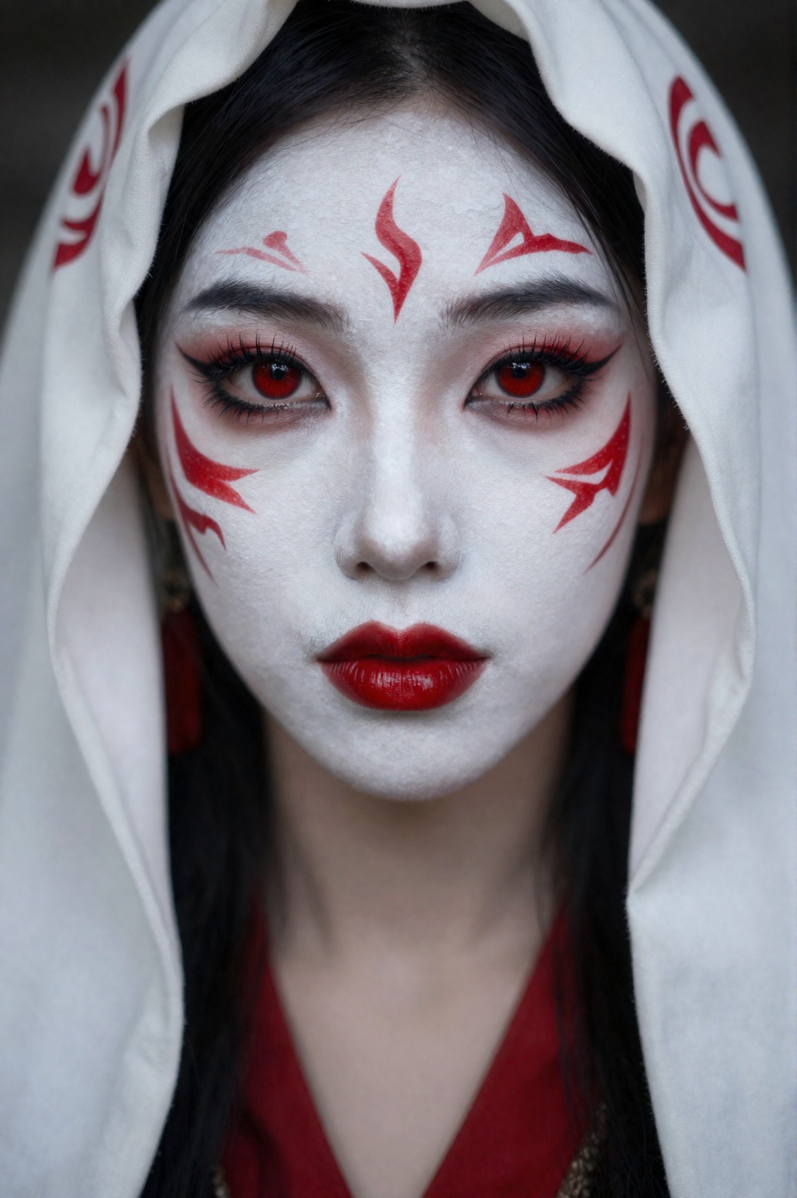 A high-detail,  straight-on,  close-up portrait captures the intense gaze of a stylized individual on Tensor.Art