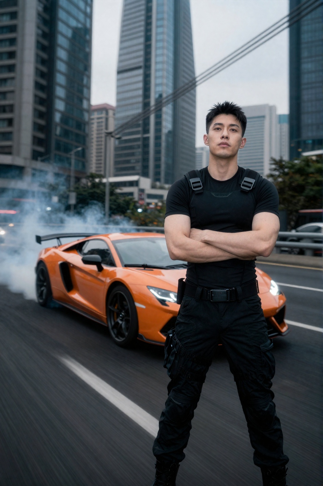 a vibrant orange supercar in a high-octane drift across a city bridge,  utilizing a worm's-eye view to emphasize the scale...