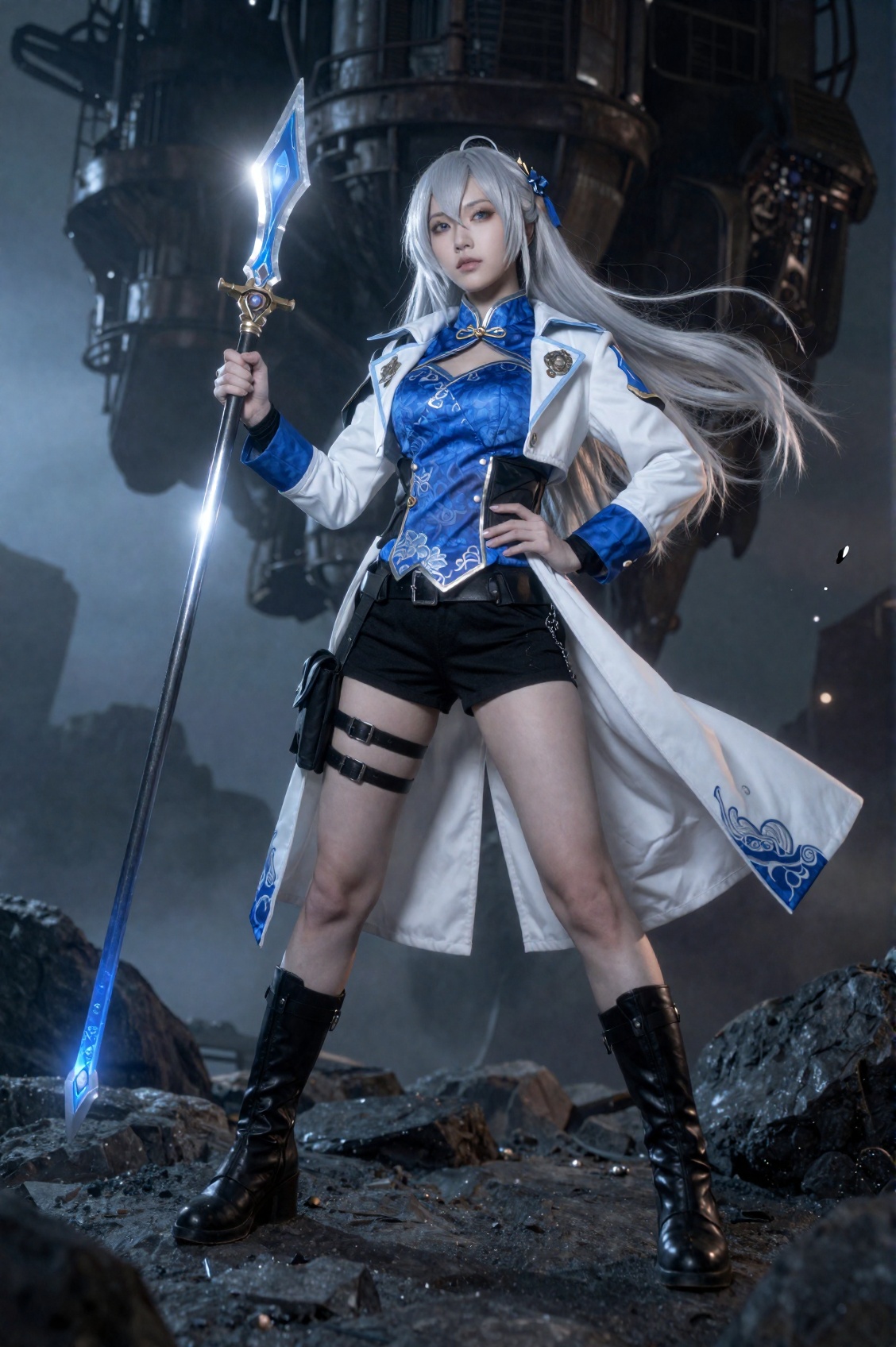full-shot vertical composition features a striking woman depicted as a kitsune warrior,  captured from a low-angle perspec...