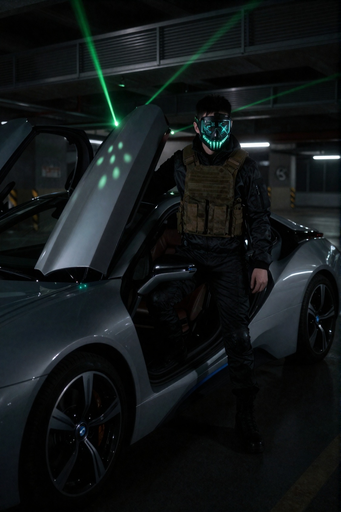 A dynamic Dutch-angle perspective of a man leaning inside the open gull-wing door of a sleek BMW i8 Cyberpunk Edition park...