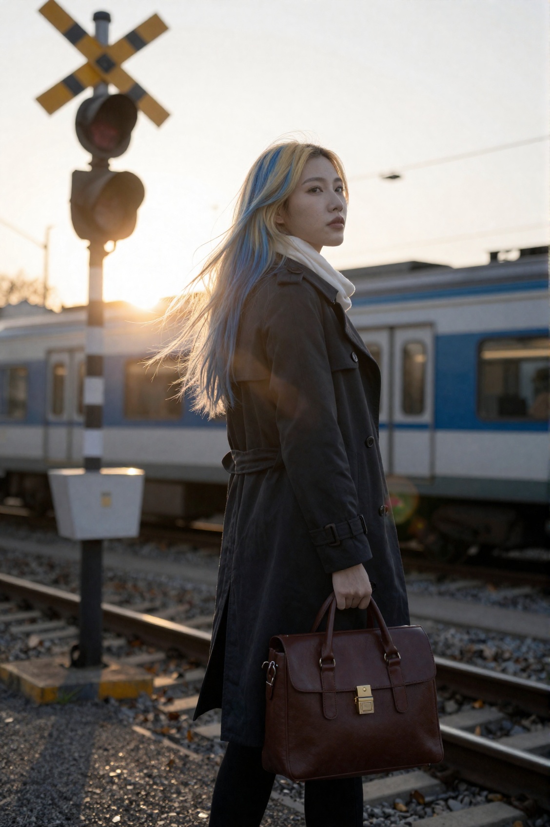 a woman standing at a railway crossing captured as a medium full shot,  where she is positioned in a three-quarter view lo...